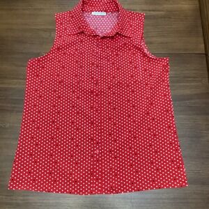 Notations Womens Red Polka Dot Classy Sleeveless Button Down Blouse Top Large